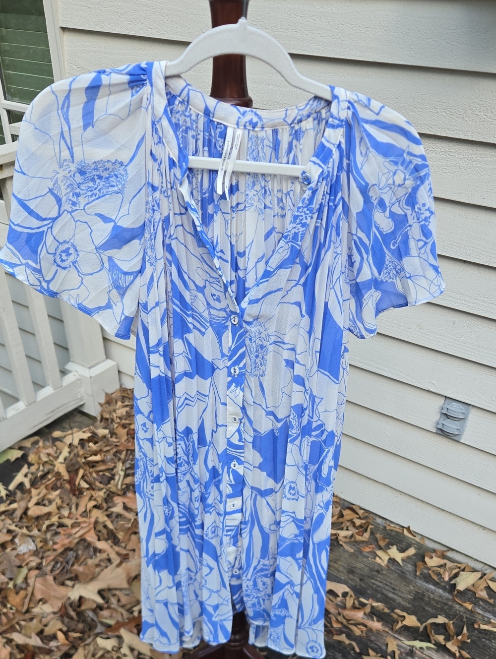 Anthropologie Blue & White Floral Button-Front Skater Dress
